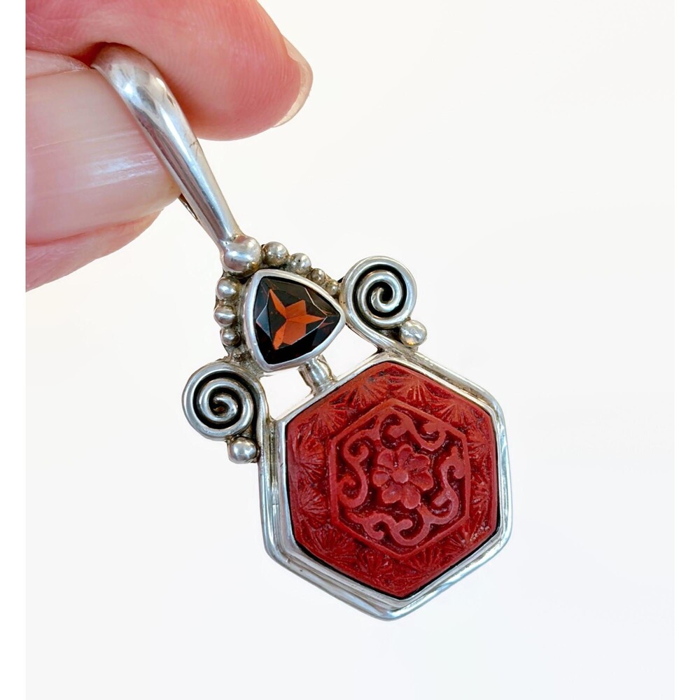 Sajen Pendant, Cinnabar Vintage, Garnet, Sterling Silver, Carved, Asian Style